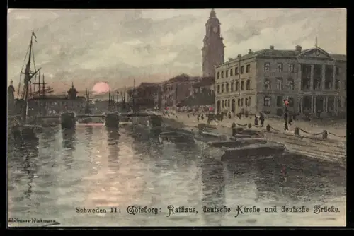 Künstler-AK Göteborg, Rathaus, deutsche Kirche u. deutsche Brücke