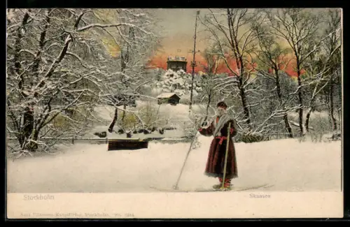 AK Stockholm, Skansen, Same in Tracht mit Skiern