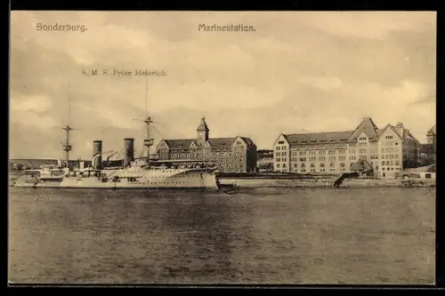 AK Sonderburg, Marinestation mit Dampfer S. M. S. Prinz Heinrich