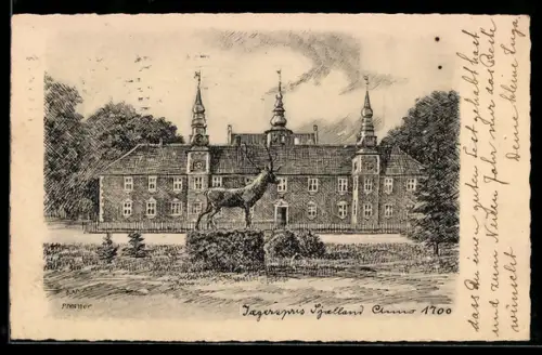 Künstler-AK Jaegerspris /Själland, Schloss mit Denkmal