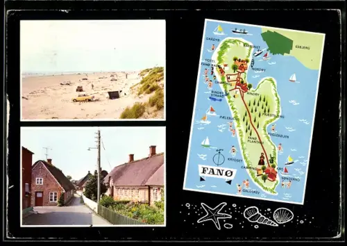 AK Fano, Landkarte mit Sonderho, Rindby und Camping, Strand, Strassenpartie