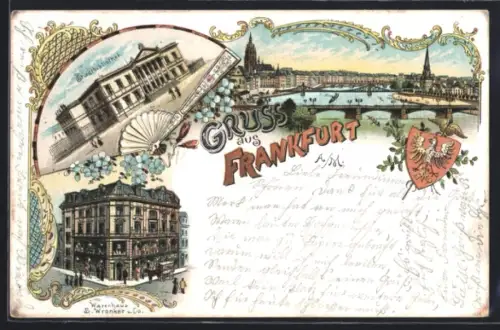Lithographie Frankfurt a. M., Stadtbibliothek, Warenhaus Wronker, Wappen, Ortsansicht mit Brücken