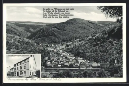 AK Dausenau, altes hist. Wirtshaus, Blick zum Ort in den Bergen