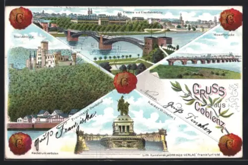 Lithographie Coblenz, Stolzenfelz, Eisenbahnbrücke und Moselbrücke