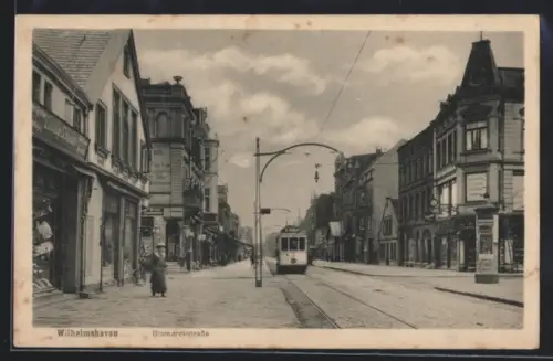 AK Wilhelmshaven, Partie in der Bismarckstrasse mit Strassenbahn