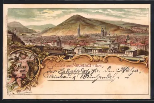 Lithographie Neustadt a. Hardt, Ortsansicht aus der Vogelschau mit nackten Engeln