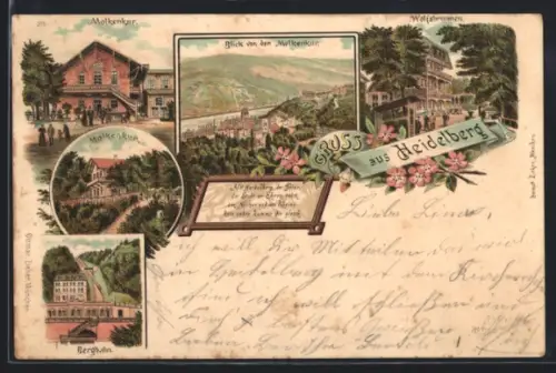 Lithographie Heidelberg, Molkenkur, Wolfsbrunnen und Bergbahn