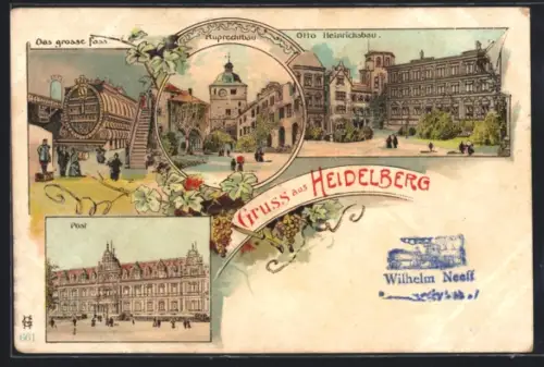 Lithographie Heidelberg, Ruprechtbau, Otto-Heinrichsbau, das grosse Fass, Post