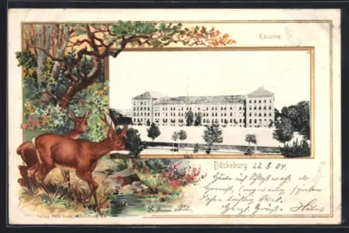Lithographie Bückeburg, Kaserne, Rehe, Passepartout