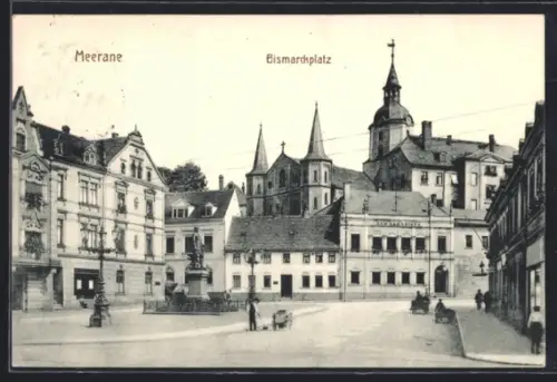 AK Meerane, Bismarckplatz mit Gasthaus zum Gambrinus