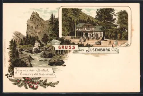 Lithographie Ilsenburg, Gasthaus Prinzess Ilse, Partie im Ilsethal mit Nixe