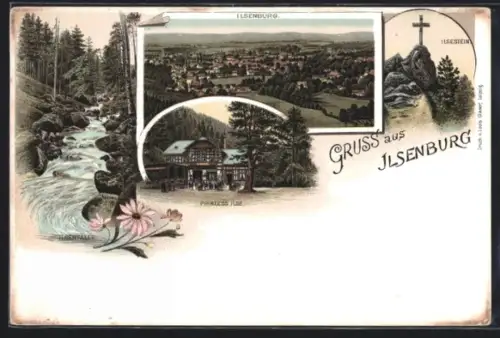 Lithographie Ilsenburg, Panoramaansicht, Prinzess Ilse, Ilsenstein