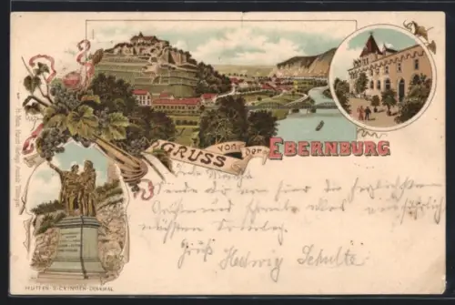 Lithographie Bad Kreuznach, Hutten-Sickingen-Denkmal, Ortsansicht mit Ebernburg und Flussbrücke