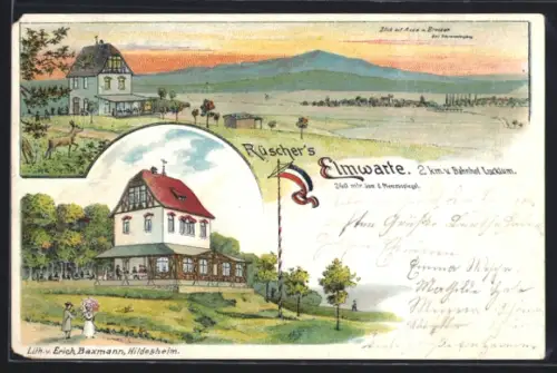 Lithographie Lucklum, Gasthof Rüscher`s Elmwarte, Blick vom Gasthof auf Asse und Brocken