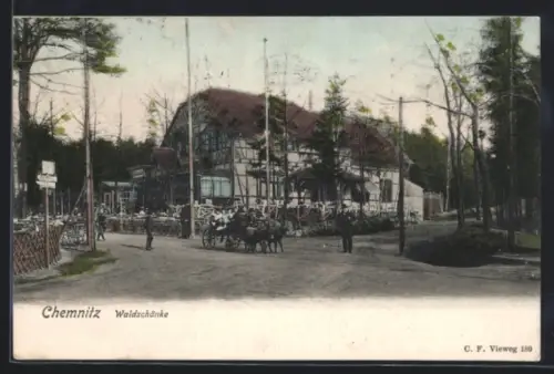 AK Chemnitz, Gasthaus Waldschänke, davor eine Pony-Kutsche