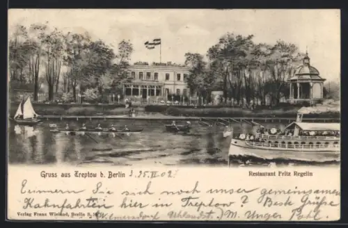 AK Berlin-Treptow, Restaurant Fritz Regelin, Ruderer und Dampfer