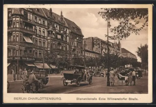 AK Berlin-Charlottenburg, Bismarckstrasse Ecke Wilmersdorfer Strasse mit Geschäften