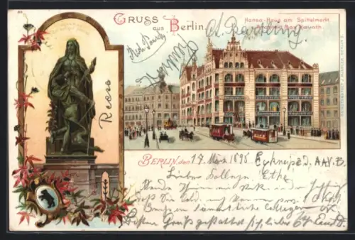 Lithographie Berlin, Hansa-Haus am Spittelmarkt, Pferdebahn