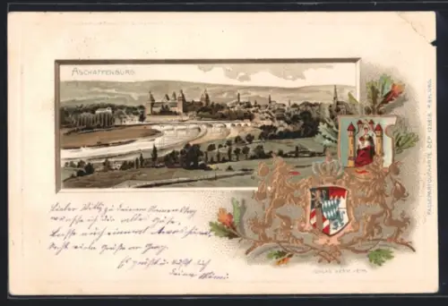 Passepartout-Lithographie Aschaffenburg, Wappen und Panorama