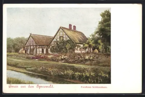 Künstler-AK Burg /Spreewald, Gasthof Forsthaus Schützenhaus