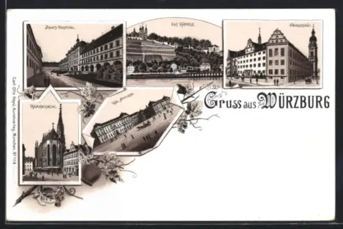 Lithographie Würzburg, Julius-Hospital, Universität, Marienkirche