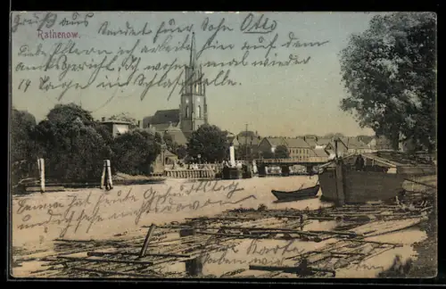 AK Rathenow, Blick auf Kirche und Havel mit Flössen