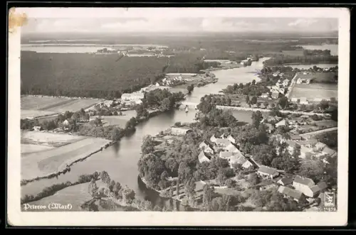 AK Prieros /Mark, Luftbild, Flusslauf, Dorfansicht