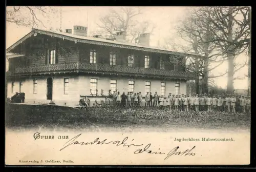 AK Hubertusstock, Jagdschloss Hubertusstock, Gruppenaufnahme vor dem Gebäude