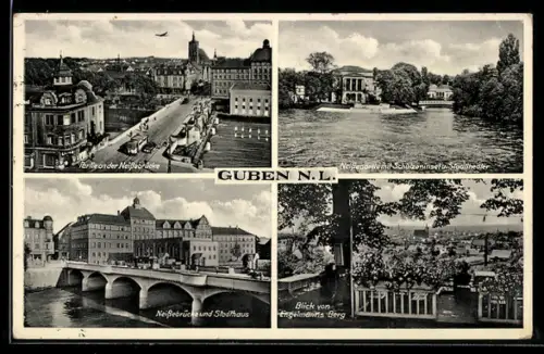 AK Guben /N.L., Neisse-Brücke, Stadthaus, Schützeninsel, Blick von Engelmanns Berg