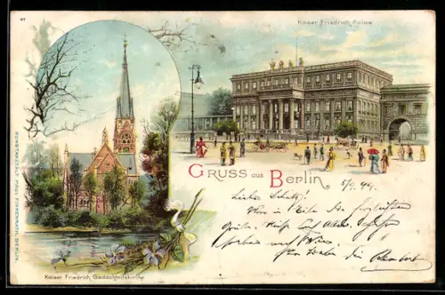Lithographie Berlin-Tiergarten, Kaiser Friedrich-Gedächtniskirche, Kaiser Friedrich-Palais