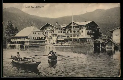 AK Walchensee, Uferpanorama, Ruderboote, Seeansicht