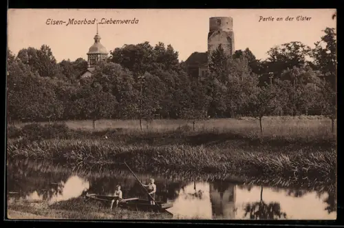 AK Bad Liebenwerda, Partie an der Elster, Ruderpartie, Türme