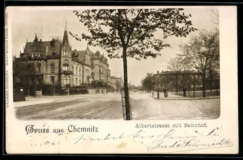 AK Chemnitz, Albertstrasse mit Bahnhof