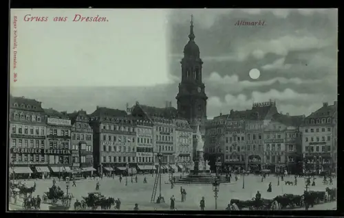 Mondschein-AK Dresden, Altmarkt, mit Standbild u. Haus Gebrüder Eberstein