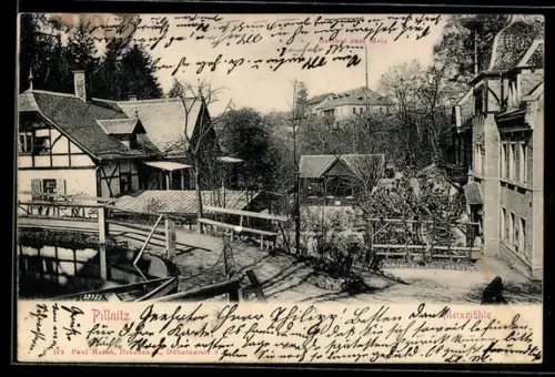 AK Dresden-Pillnitz, Meixmühle, Gasthaus, Mühlenanlage, Brücke