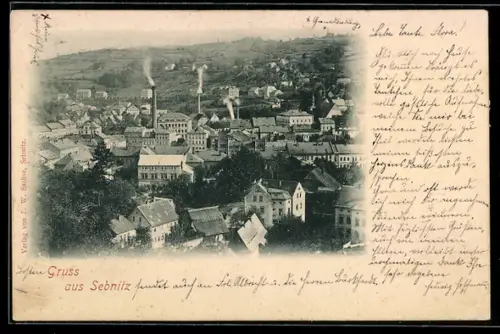 AK Sebnitz /Sa., Ortsansicht mit Fabrikschornsteinen