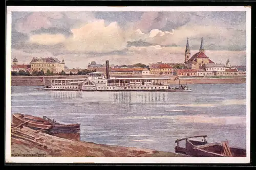 AK Komárom, Ortsansicht mit Raddampfer