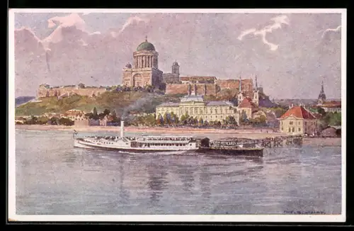 Künstler-AK Rud. Schmidt: Esztergom, Dampfschiff vor der Ortschaft