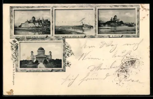 AK Esztergom, Primasi palota a Duna mentén, Maria-Valeria-híd, A. Duna, Vártemplom, Basilika