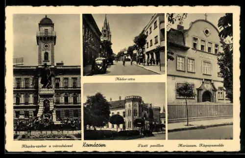 AK Komárom, Klapka-szobor a városházzal, Nádor-utca, Tiszti pavillon, Marianum Kispapnevelde