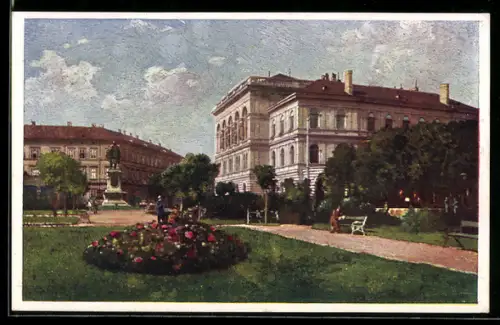 Künstler-AK Sopron-Ödenburg, Széchenyi-tér a kazsinóval, Széchenys-Platz mit Kasino