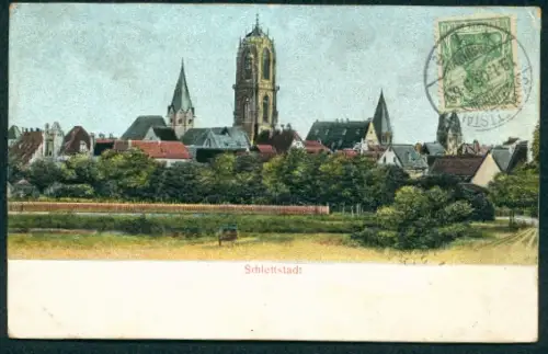 Relief-AK Schlettstadt, Ortsansicht mit Kirche