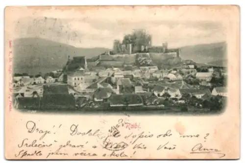Relief-AK Rábi, Ortsansicht mit Burg