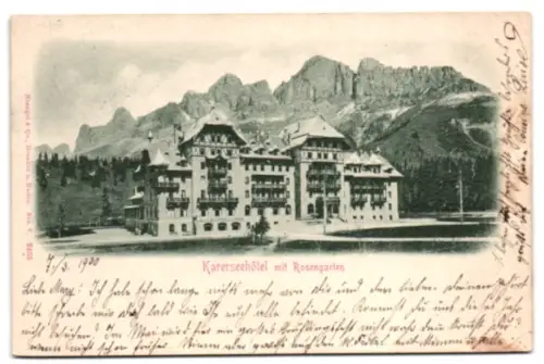 Relief-AK Karersee, Karerseehotel mit Rosengarten