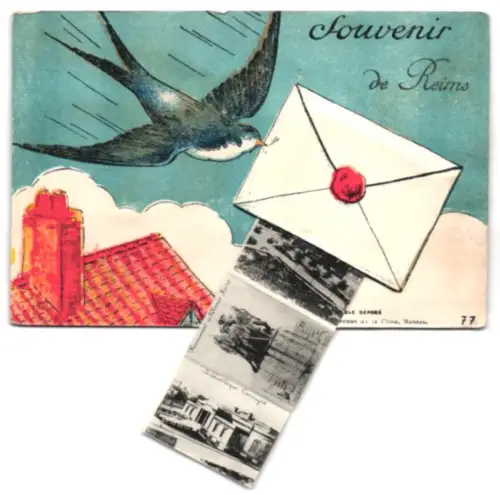 Leporello-AK Reims, Porte Mars, Maison Pommery, Fontaine Subé, L`Hôtel de ville