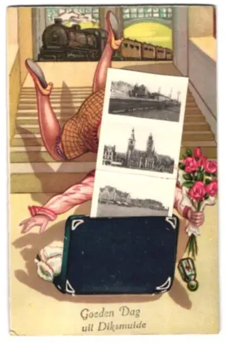 Leporello-AK Diksmuide, Marktplatz mit Wohngebäuden, Bahnhof mit Gleisanlagen, Kriegerdenkmnal, Brücken