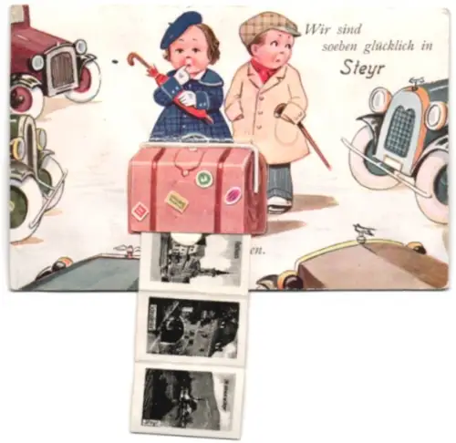 Leporello-AK Steyr, Totalansicht, Bezirkshauptmannschaft und Rathaus