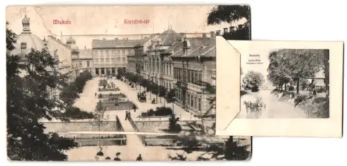 Leporello-AK Miskole, Város-és megyeháza, Avasi reform. templom, Kossuth-szobor