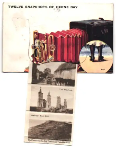 Leporello-AK Herne Bay, Fotoapparat, East Cliff, West Cliff, Herne Village