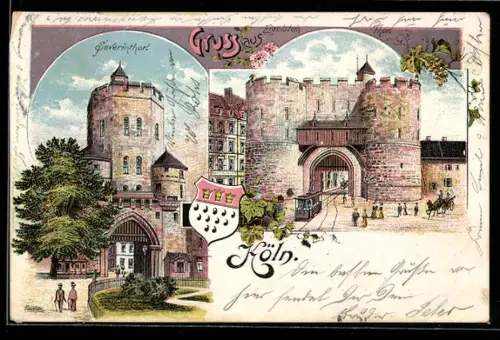 Lithographie Köln, Severinthor, Eigelsteiner Thor und Wappen